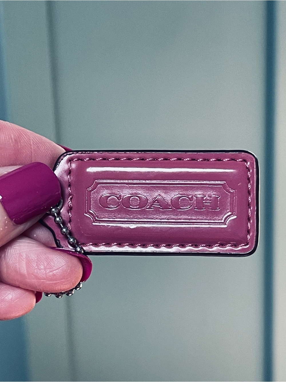 Coach Mauve Pink Patent Leather Hang Tag with Ball Chain 2”